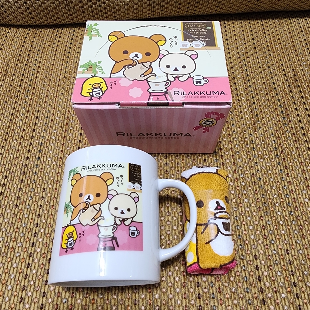 [NEW] Rilakkuma Mug Coffee Mug Tea Cup and Rilakkuma Handkerchief Hand Towel Set